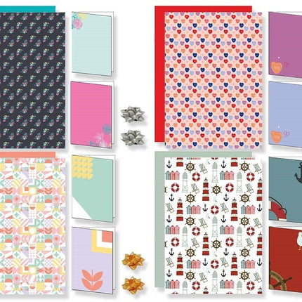 Ensemble de papier d'emballage cadeau avec cartes et nœuds - 4 motifs thématiques