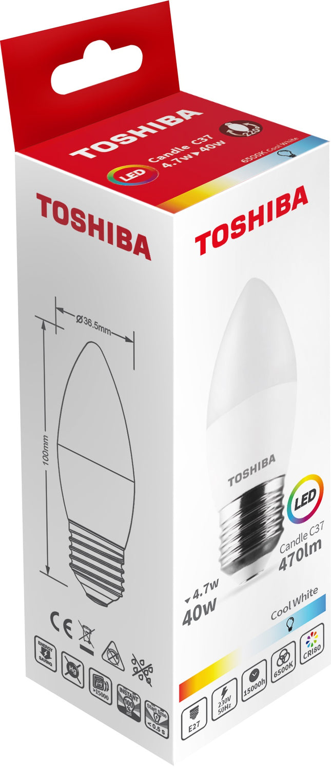 Bombilla LED Toshiba Candle C37 E27 4.7W (470LM, Luz Fría 6500K, 40W)