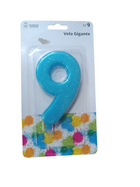 Vela de cumpleaños gigante número 9 – azul con purpurina