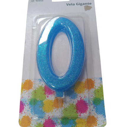 Vela de cumpleaños gigante Nº0 azul con purpurina