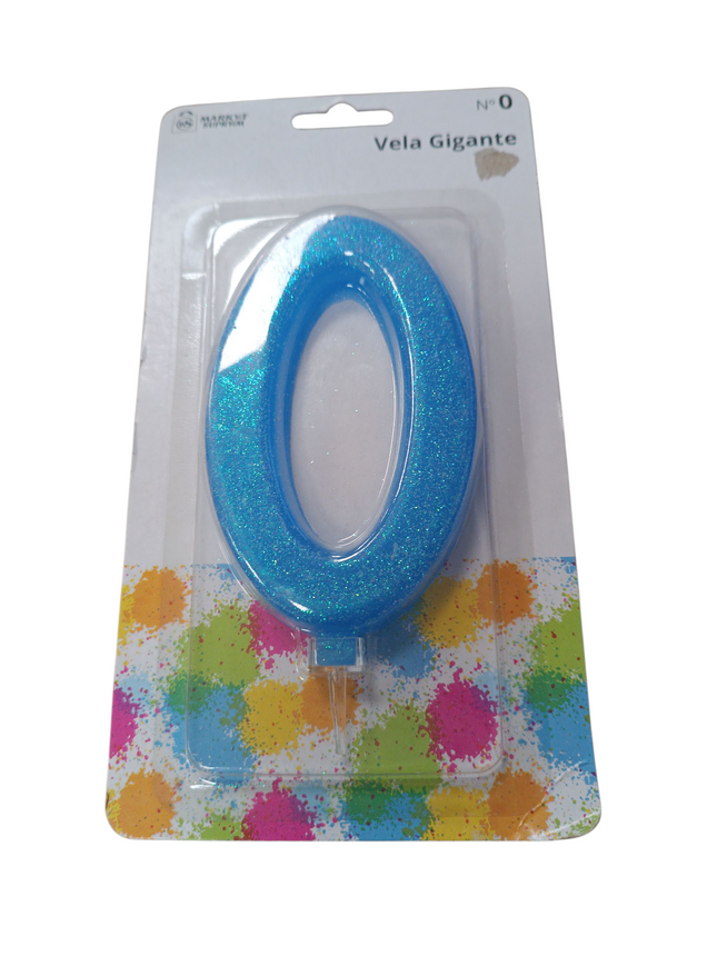Vela de cumpleaños gigante Nº0 azul con purpurina