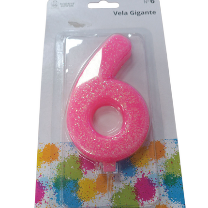 Vela de cumpleaños gigante número 6 rosa con purpurina