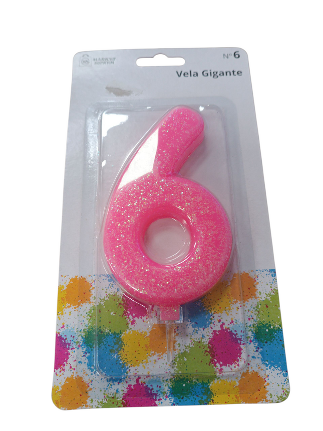Vela de cumpleaños gigante número 6 rosa con purpurina