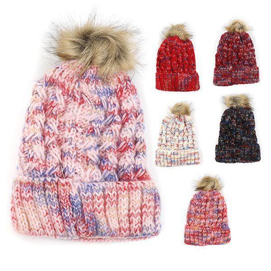 Bonnet Tricoté avec Pompon en Fourrure - Design Multicolore