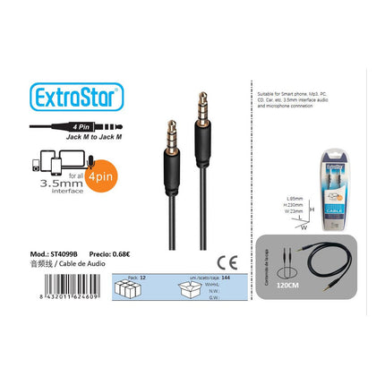Cable de Audio AUX ExtraStar Jack 3.5mm 4 Pinos (1.2m, Negro)