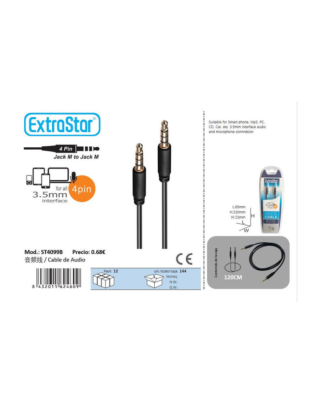 Cable de Audio AUX ExtraStar Jack 3.5mm 4 Pinos (1.2m, Negro)