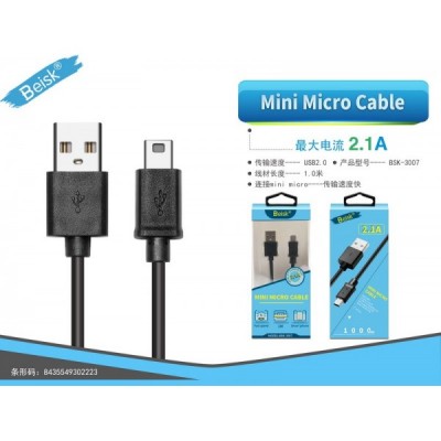 Cable de Datos Beisk Mini Micro USB 100cm (2.1A, Carga Rápida)