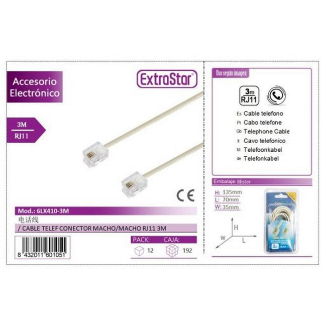 Cable Telefónico ExtraStar RJ11 Macho-Macho 3m (Modelo 6LX410-3M)