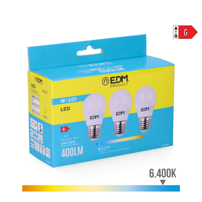 Pack 3 Bombillas LED EDM E27 5W Luz Fría (6400K)