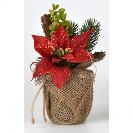 Pot décoratif de Noël avec poinsettia et paillettes rouges (17 cm)