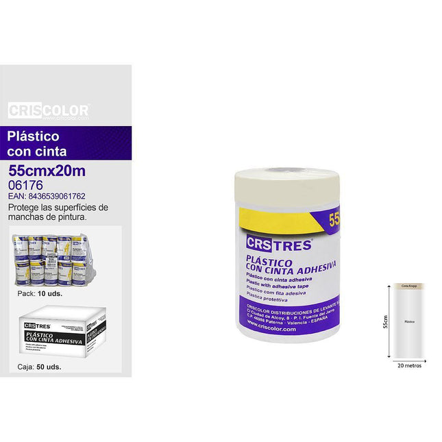 Plástico con Cinta Adhesiva CrisColor 55cm x 20m – Protección para Pintura